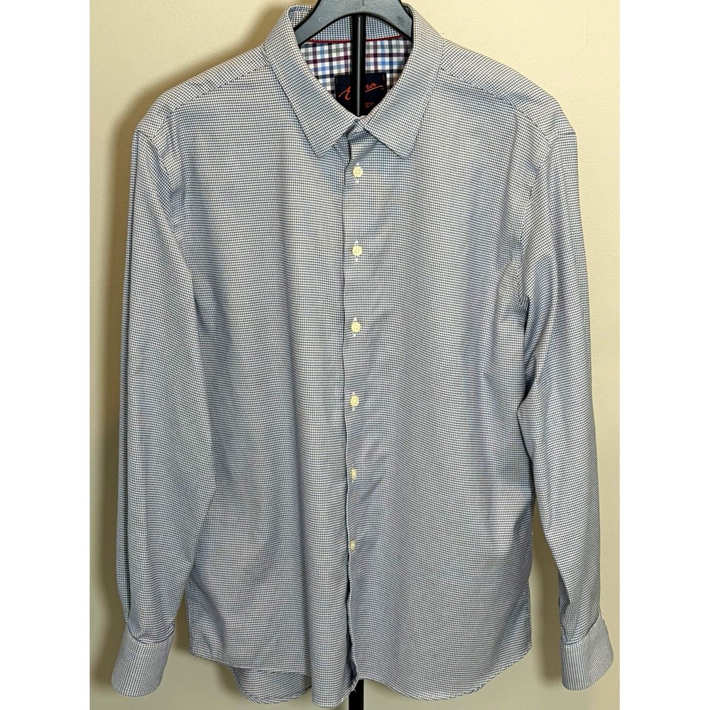 Egara Slim Fit Blue/White Houndstooth Stretch Non-Iron Dress Shirt XL 34/35